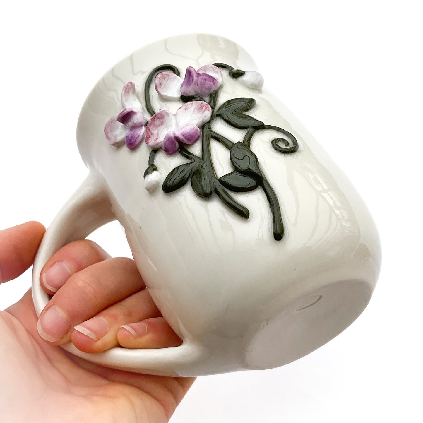 Sweet Pea Hand Sculpted Porcelain Mug 12 oz