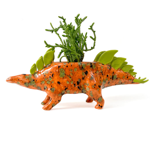 Speckled Orange Stegosaurus Dinosaur Planter