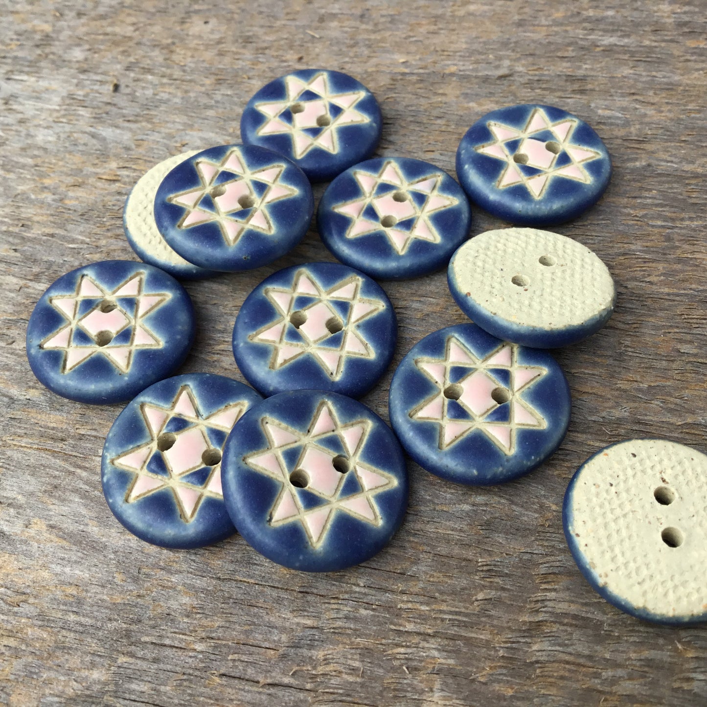 Ohio Star Quilt Block Stoneware Button  ‘Indigo Blossom’  3/4”