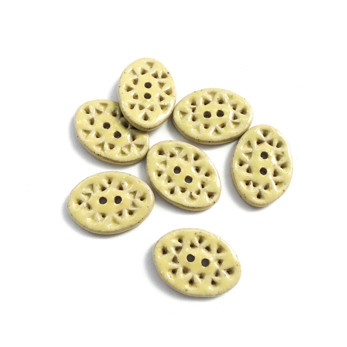 Hand Stamped Light Yellow Stoneware Buttons  5/8" x 7/8" - 7 Pack