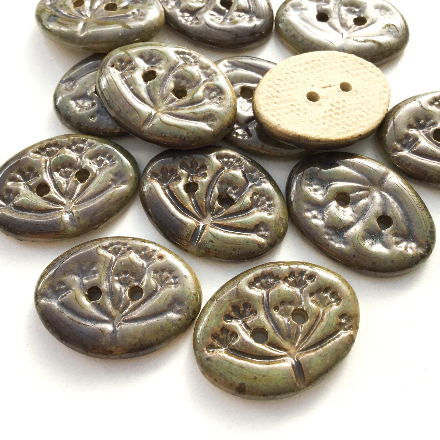 Iridescent Moss Green 'Umbel' Stoneware Button  5/8" x 7/8"