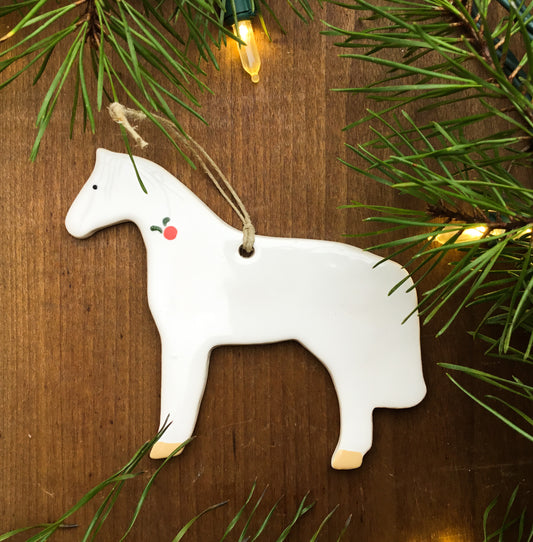Standing White Horse with Holly - Ceramic Christmas Ornament
