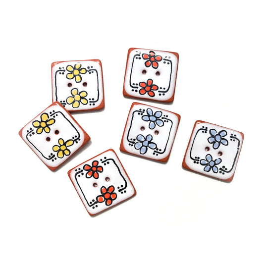 "Playful Flowers" Ceramic Buttons - 1-1/16" Square