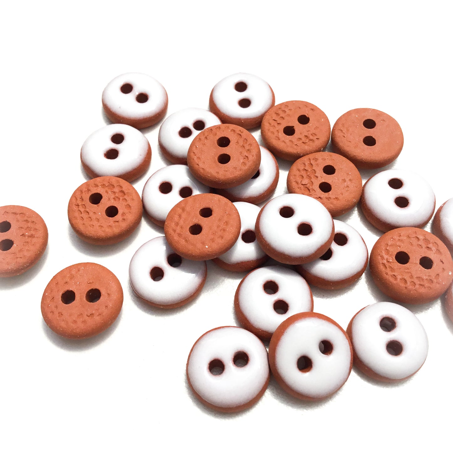 White Ceramic Buttons on Red Clay - 7/16"