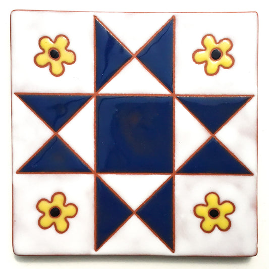 'Flowers' Ohio Star Quilt Block Coaster - Ceramic Art Tile #23