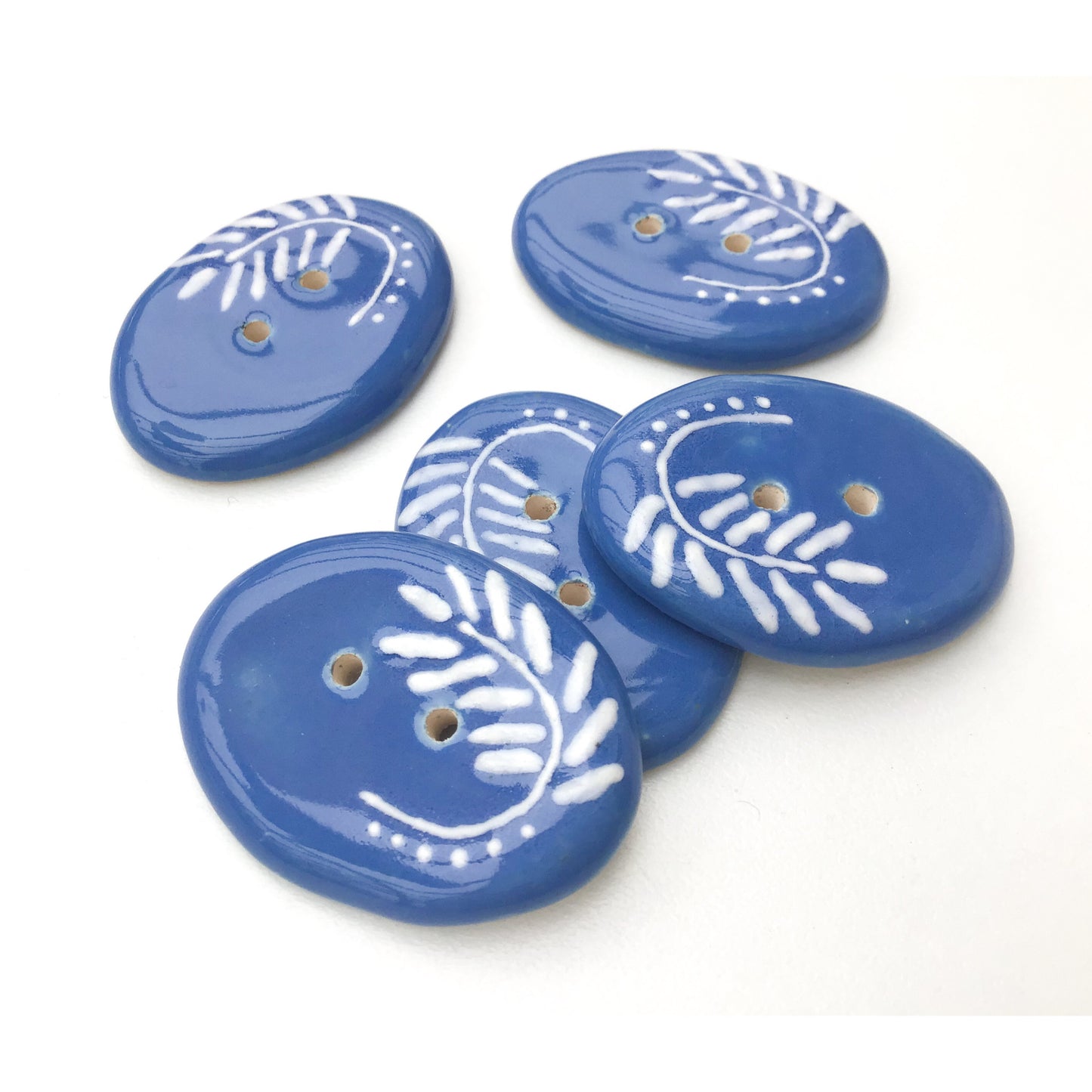 Cerulean Blue Ceramic Buttons with White Design - Large Oval Button - 1" x 1 3/8" (ws-41)
