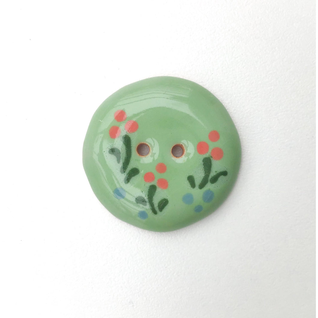 Pastel Green Ceramic Button with Flowers - Clay Flower Button - 1 1/16