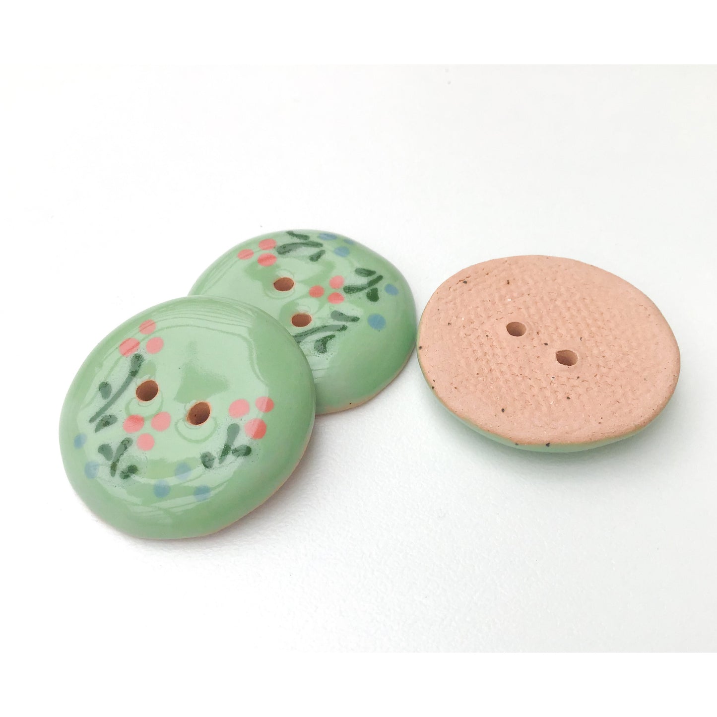 Pastel Green Ceramic Button with Flowers - Clay Flower Button - 1 1/16"