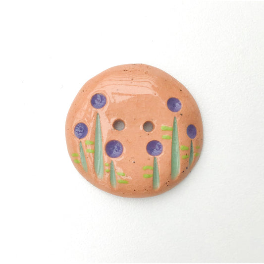 Purple and Green Ceramic Flower Button - Clay Flower Button - 1 1/16"