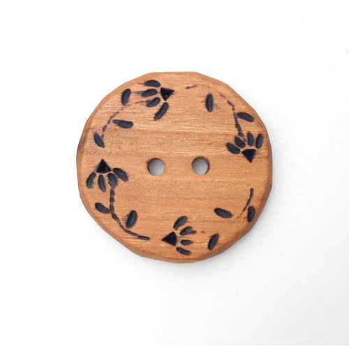 Large Cherry Wood Button - Decorative Flower Button - Pyrography - 1 3/8
