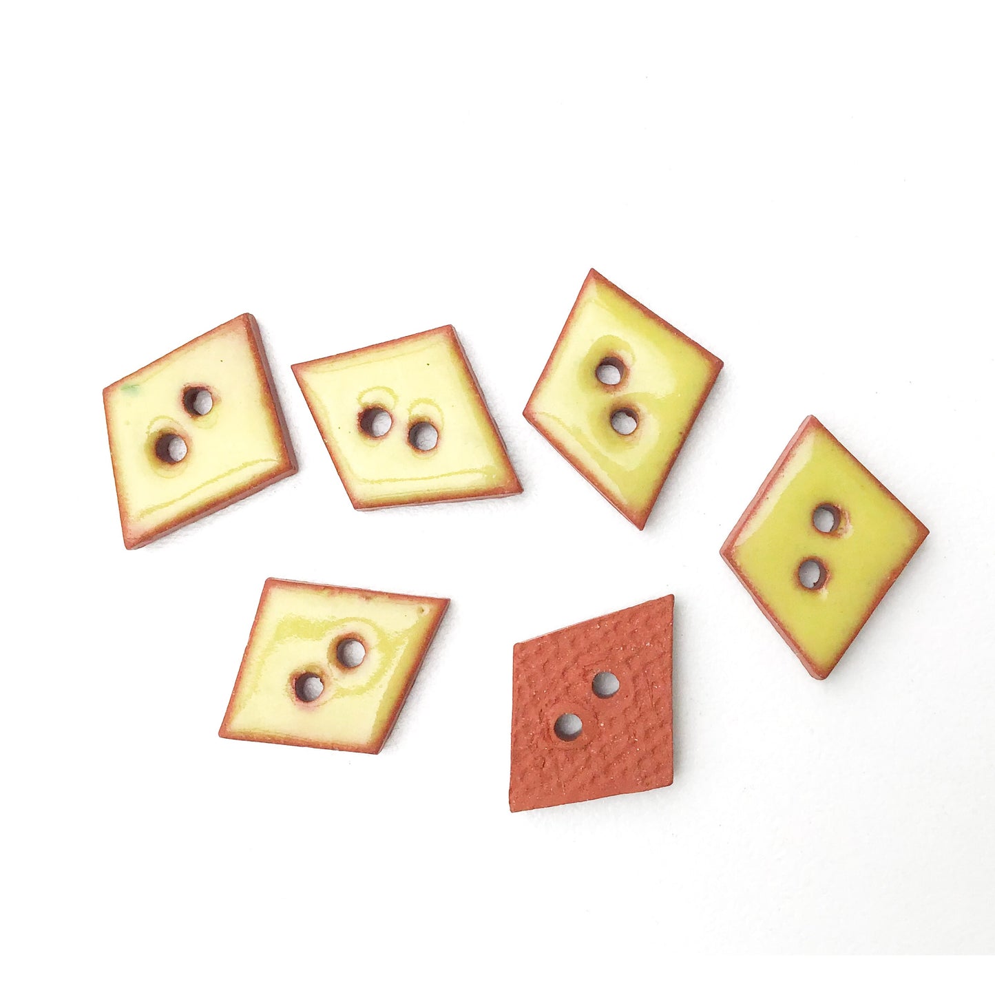 Chartreuse Ceramic Buttons on Red Clay - Small Geometric Ceramic Buttons - 1/2" - 6 Pack