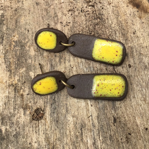 Black Clay + Speckled Yellow Ceramic Earrings - Rustic Ceramic Dangle Earrings
