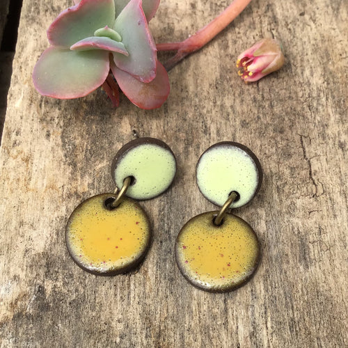 Black Clay Ceramic Earrings in Light Yellow and Speckled Mustard Brown - Rustic Ceramic Dangle Earrings