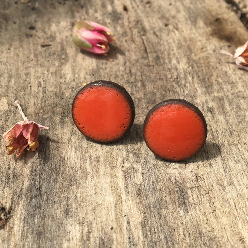 Black Clay Color Splash Ceramic Earrings - Reddish-Orange - Rustic Ceramic Stud Earrings
