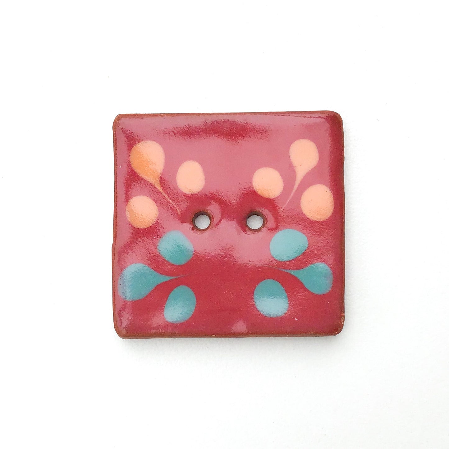 Large Square Decorative Button - Raspberry - Turquoise - Orange - Art Button - 1 3/8"