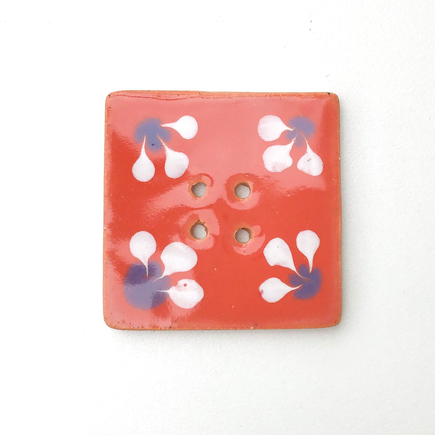 Large Square Decorative Button - Pinkish-Orange - Periwinkle - White - Art Button - 1 7/16"