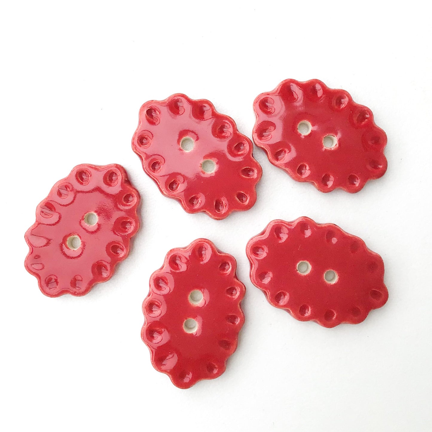 Scalloped Red Ceramic Buttons  3/4" x 1-1/16" - 5 Pack