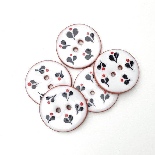 Decorative Ceramic Button with Small Floral Print - Red - Black - White Clay Buttons - 1 1/16" (ws-66)