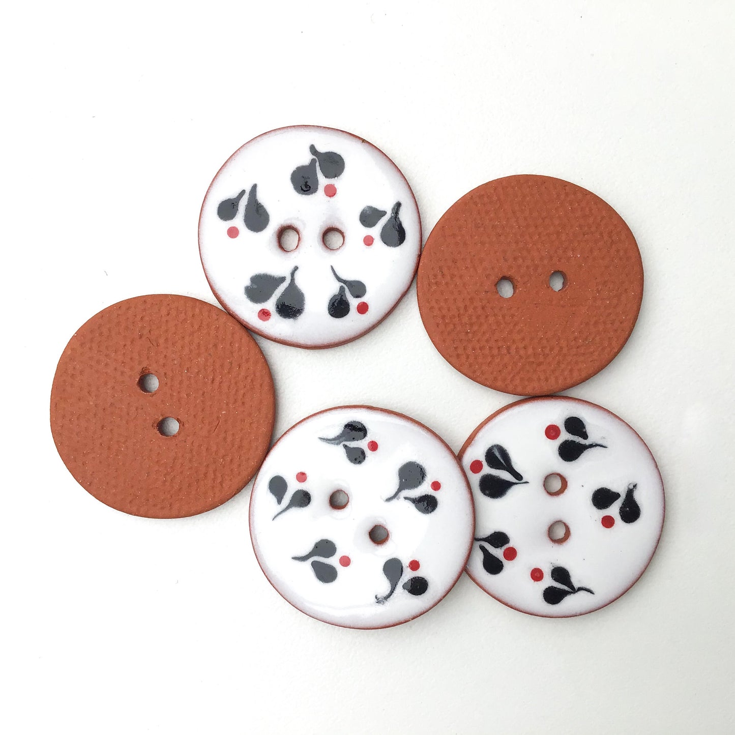 Decorative Ceramic Button with Small Floral Print - Red - Black - White Clay Buttons - 1 1/16" (ws-66)