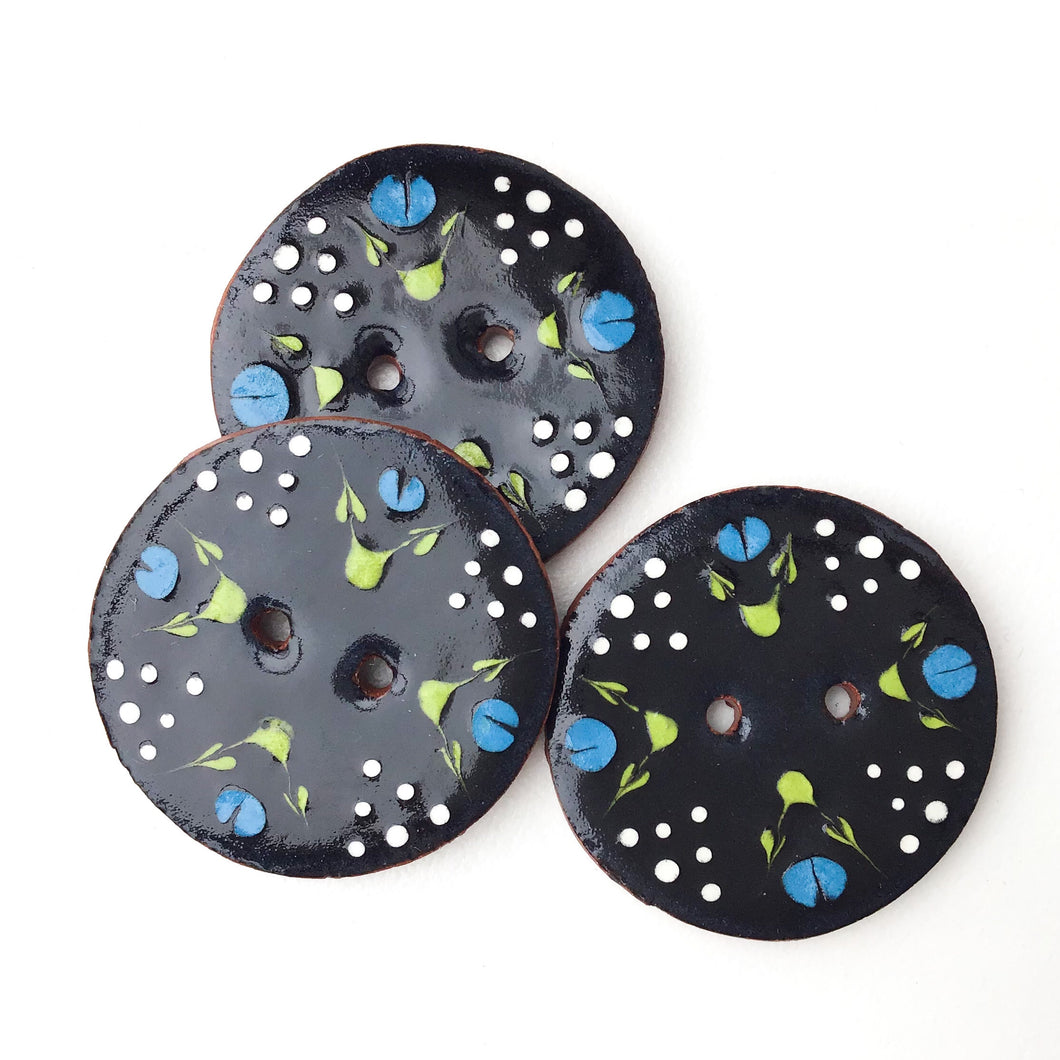 Black Ceramic Button with Blue Flowers - Decorative Clay Button - 1 1/16