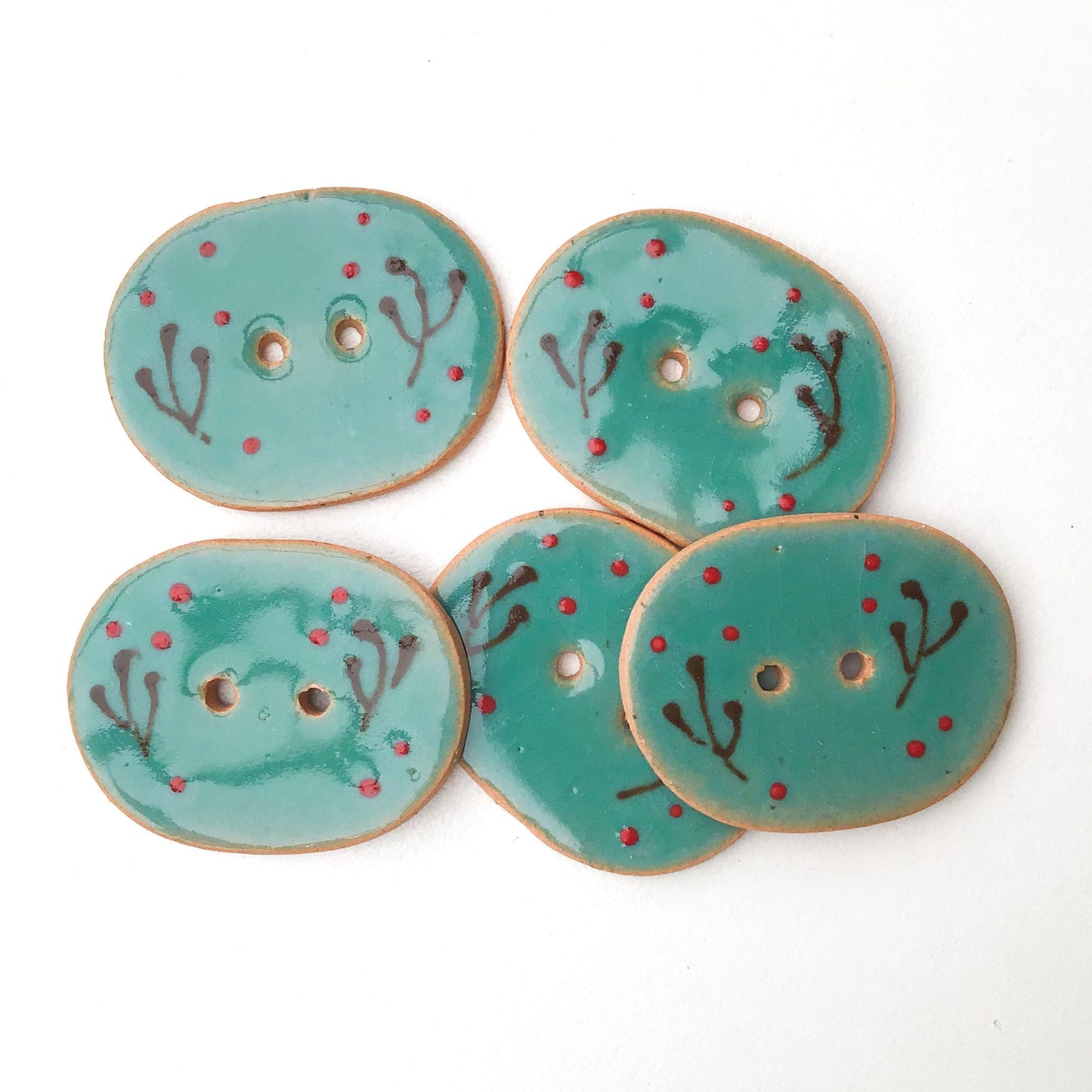 Decorative Ceramic Button with Floral Print  -Teal - Green-Blue Oval Clay Button - 1" x 1 1/4"