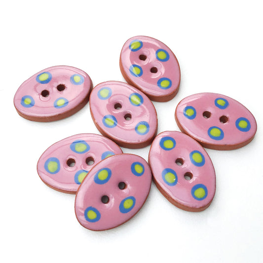 Oval Ceramic Buttons  - Hand Painted Clay Buttons with Dots - Pink - Chartreuse - Blue - 5/8" x 7/8" - 7 Pack