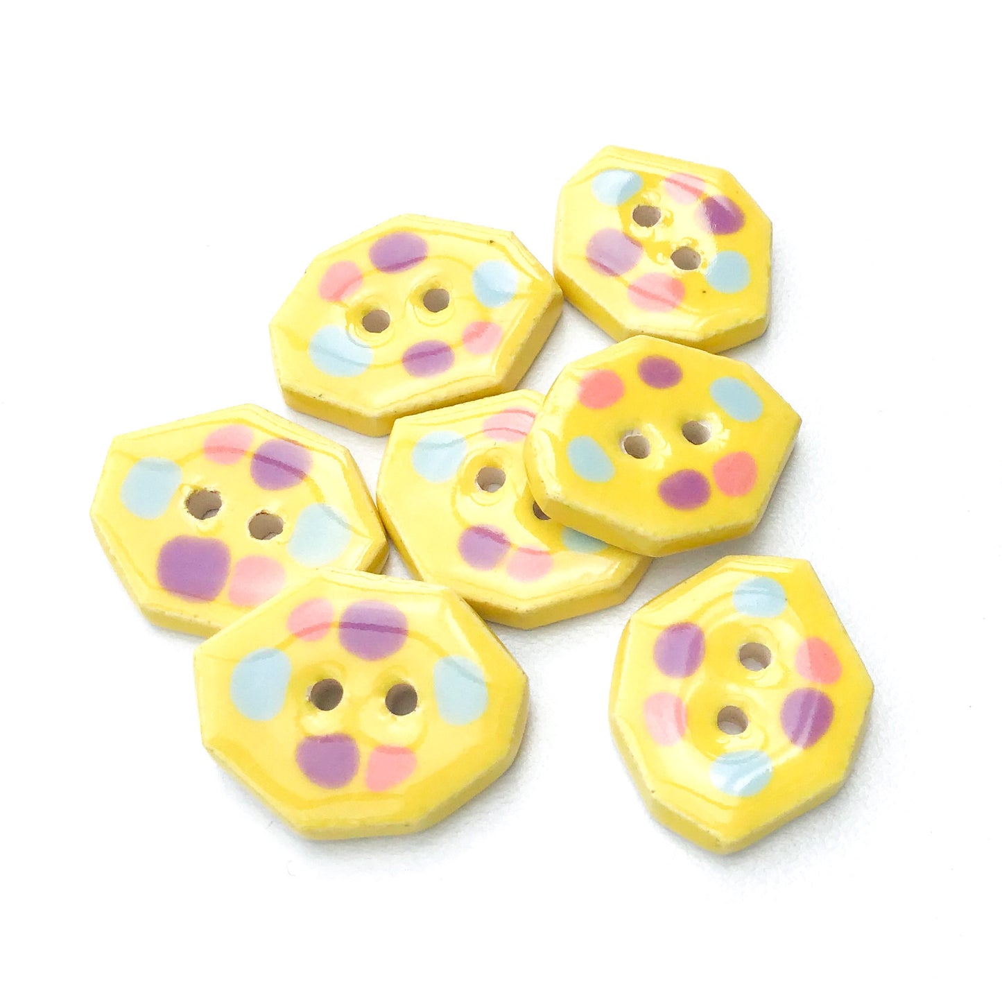 Geometric Colorful Dotted Buttons - Unique Clay Buttons - Bright Yellow with Pastel Dots - 5/8" x 7/8"- 7 Pack