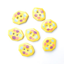 Load image into Gallery viewer, Geometric Colorful Dotted Buttons - Unique Clay Buttons - Bright Yellow with Pastel Dots - 5/8&quot; x 7/8&quot;- 7 Pack