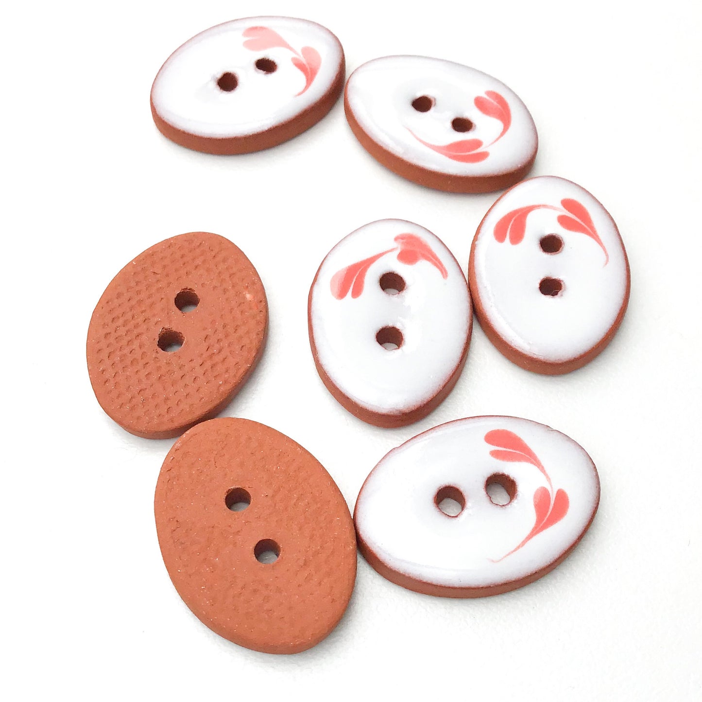 Oval Ceramic Buttons - Hand Painted Clay Buttons with Small Flower Detail - White + Pink - 5/8" x 7/8" - 7 Pack (ws-146)