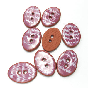 Decorative Oval Ceramic Buttons - Mauve + White Design - 5/8" x 7/8" - 8 Pack