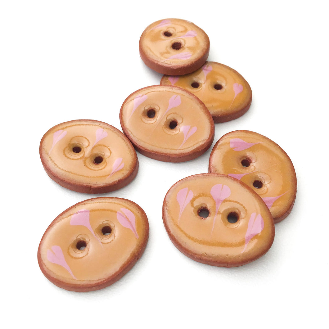 Decorative Oval Ceramic Buttons - Caramel Brown with Pink Flower Design - 5/8