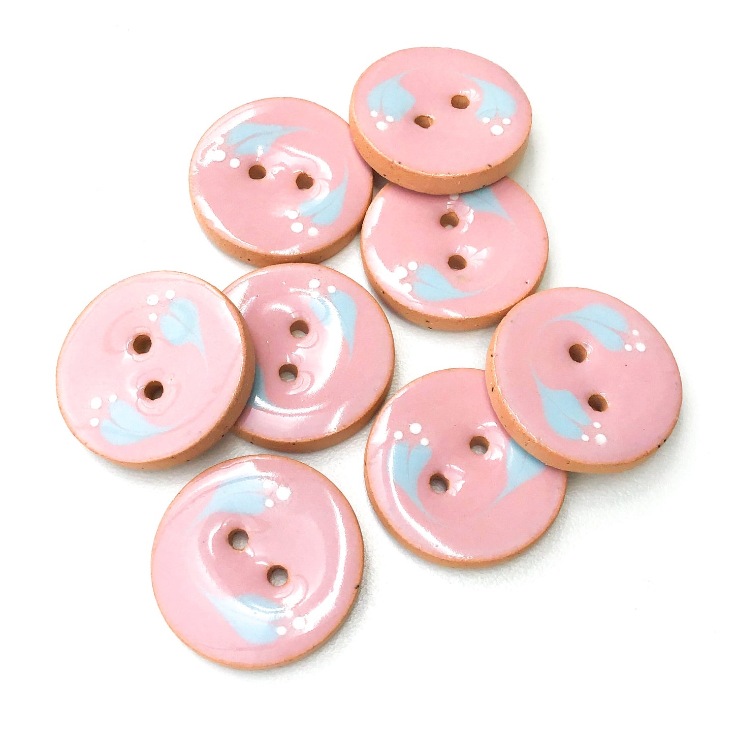 Pink Ceramic Buttons with Sky Blue Floral Design - Pink Clay Buttons - 7/8"