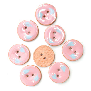 Pink Ceramic Buttons with Sky Blue Floral Design - Pink Clay Buttons - 7/8"