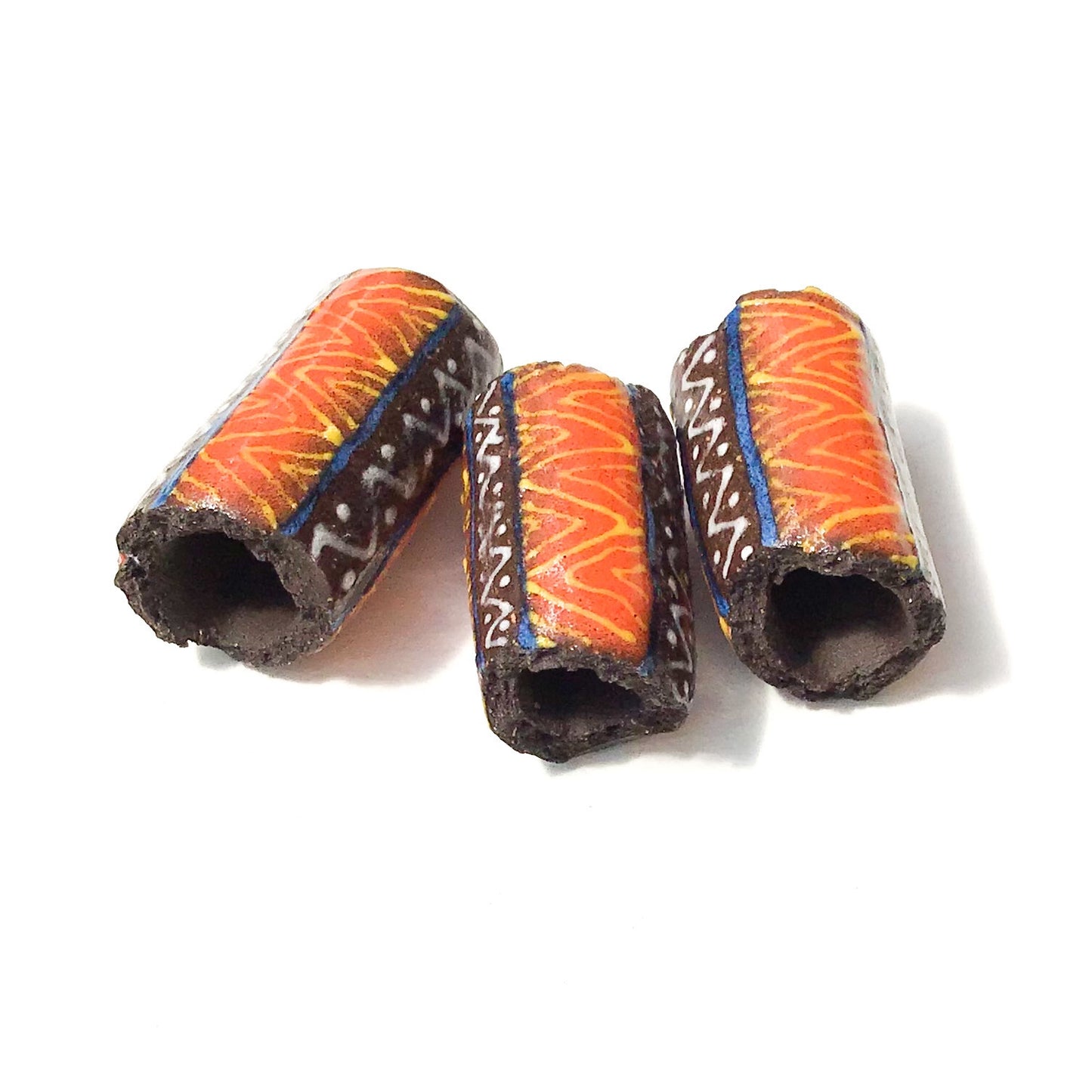 Black Clay Beads with Handpainted Detail - Red + Yellow + Blue Beads - Set of 3