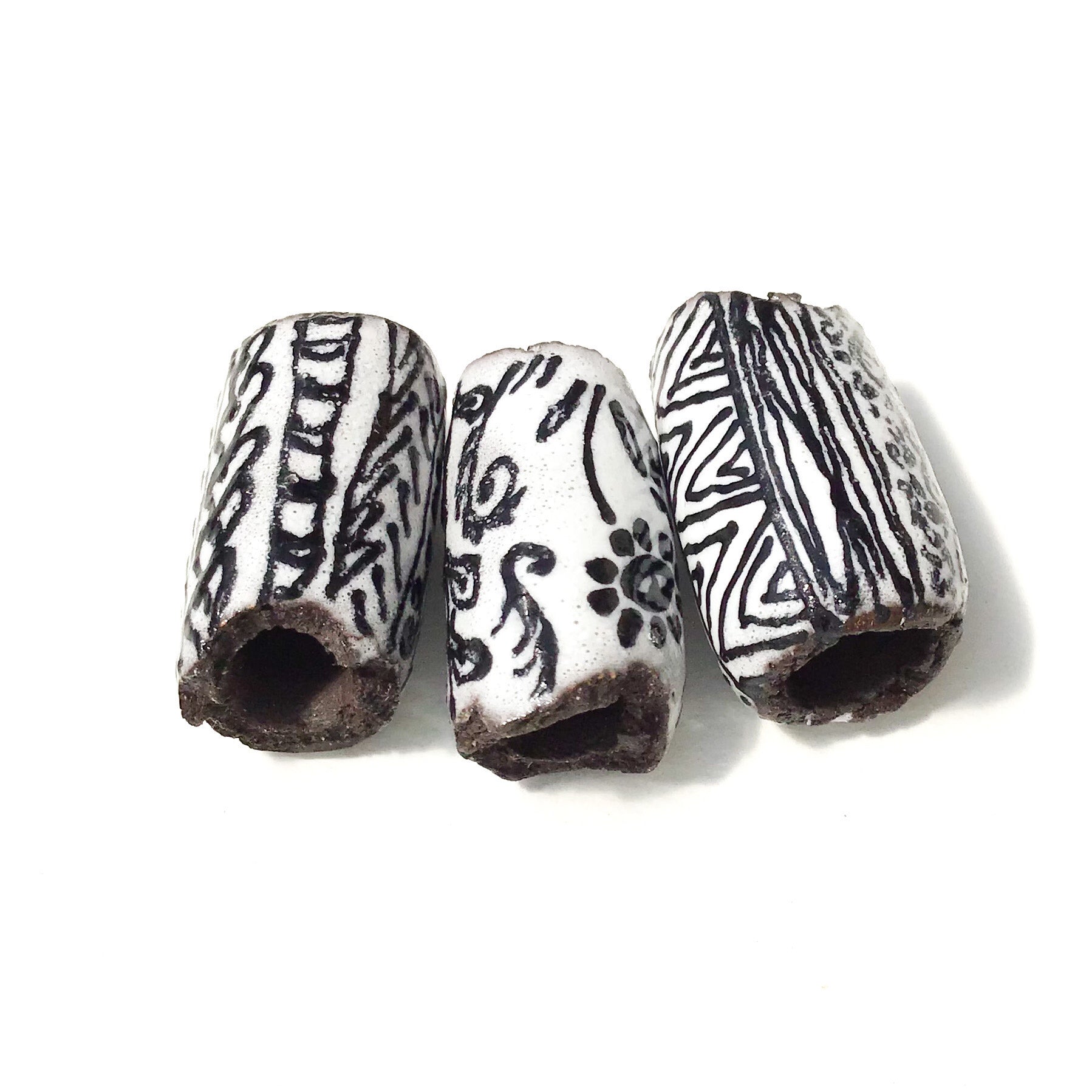 Black Clay Beads with Handpainted Detail - Black and White Beads