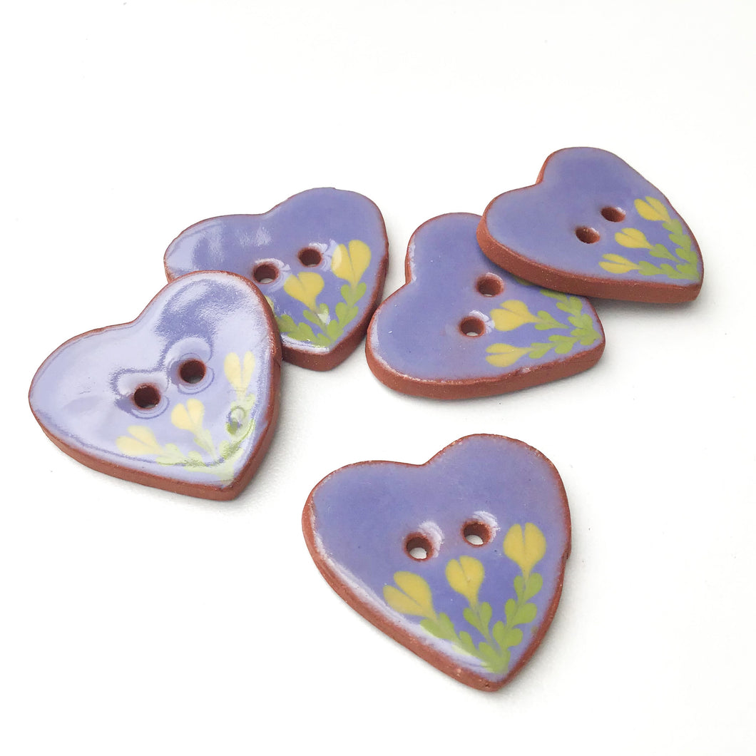 Ceramic Heart Button - Purple Heart Button with Yellow Flowers - 1 1/8