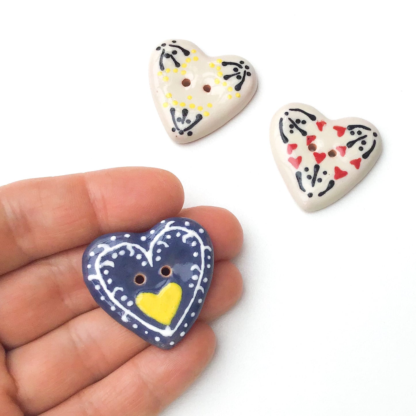 Decorative Ceramic Heart Buttons - Pottery Heart Buttons - 1 1/4"