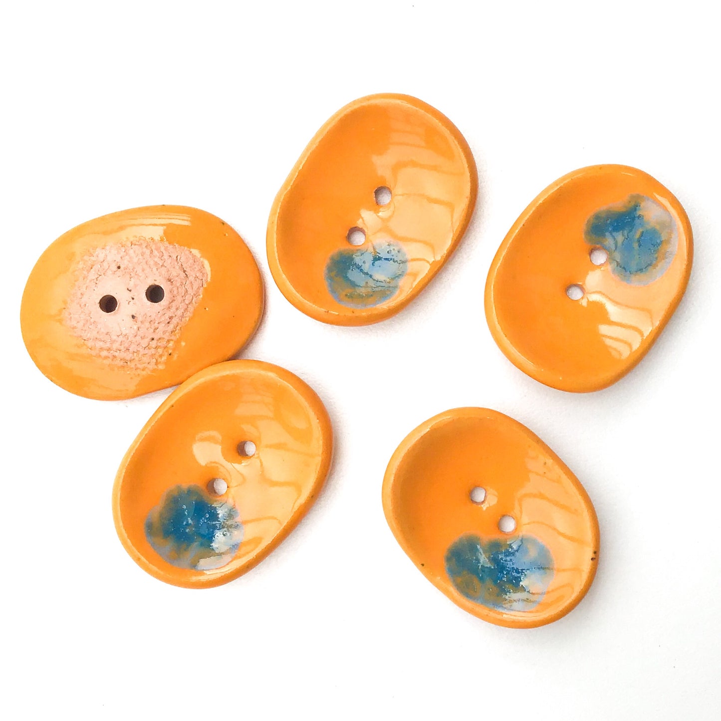 Decorative Ceramic Button with Shimmery Color Drips - Orange - Blue - Oval Clay Button - 1" x 1 1/4"