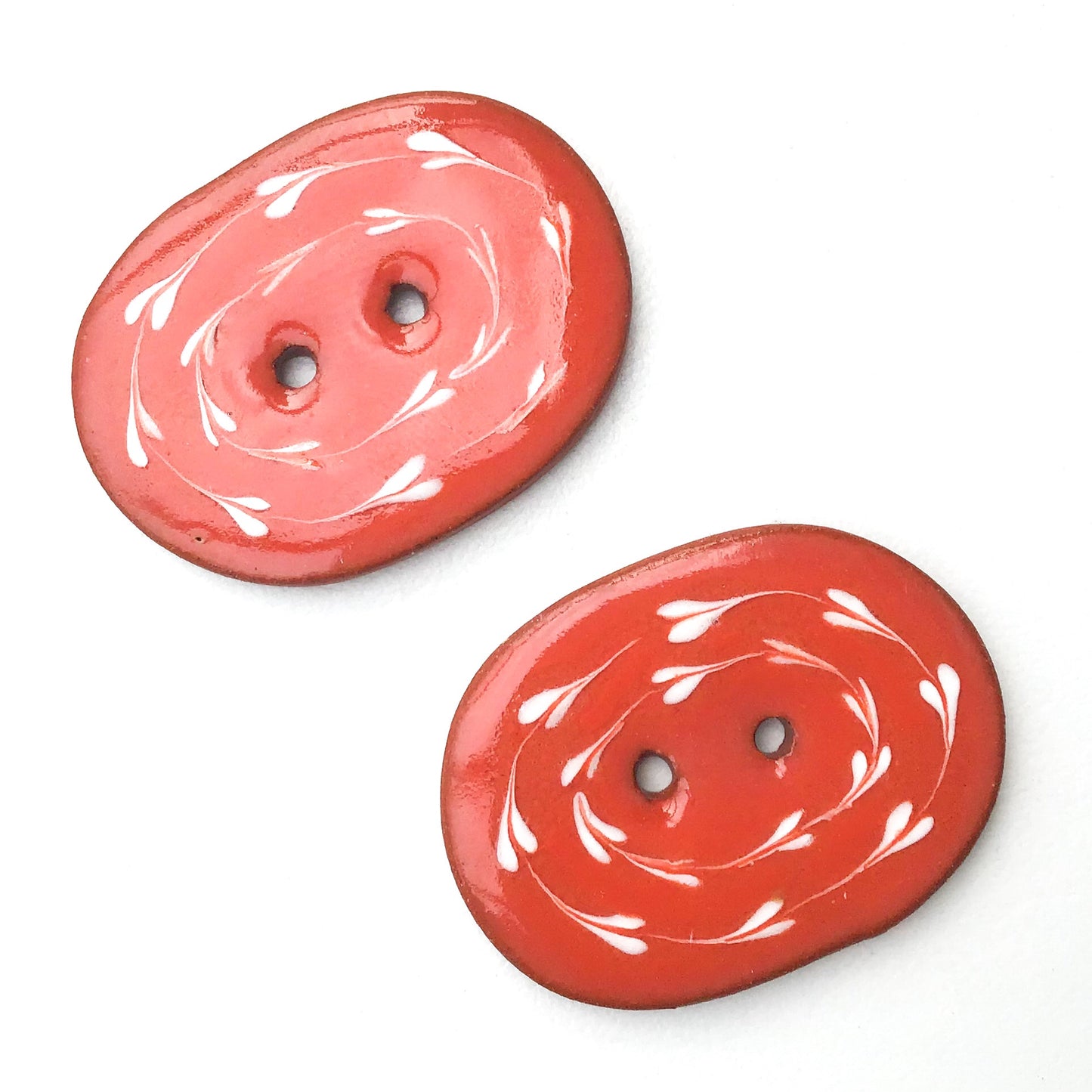 Red-Orange & White Ceramic Buttons - Oval Clay Buttons - 1" x 1 1/4"