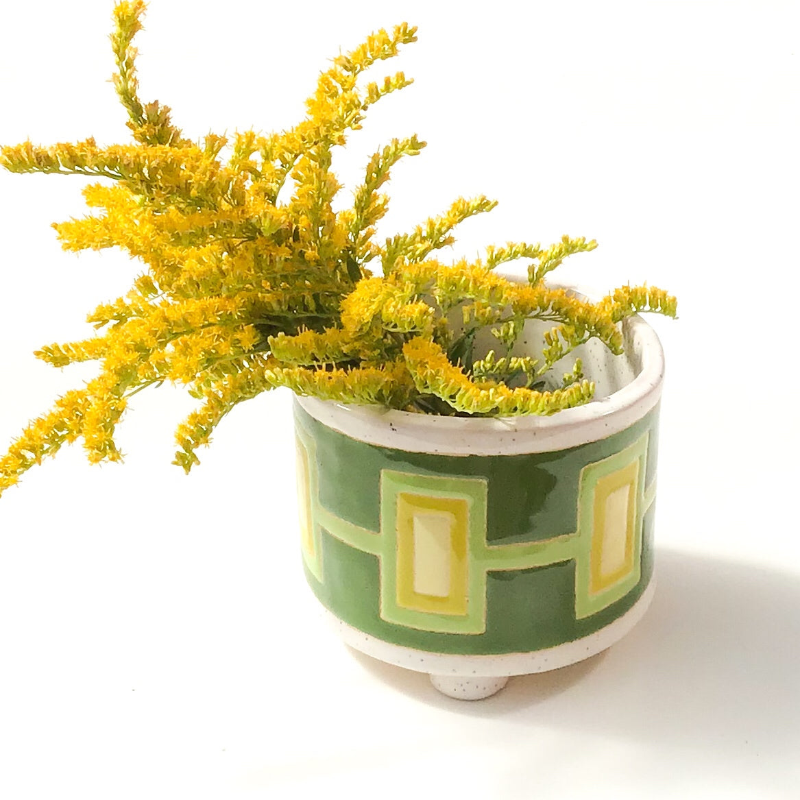 Handcrafted Ceramic Planter - Quilted Pattern in Vivid Greens over Speckled White Glaze