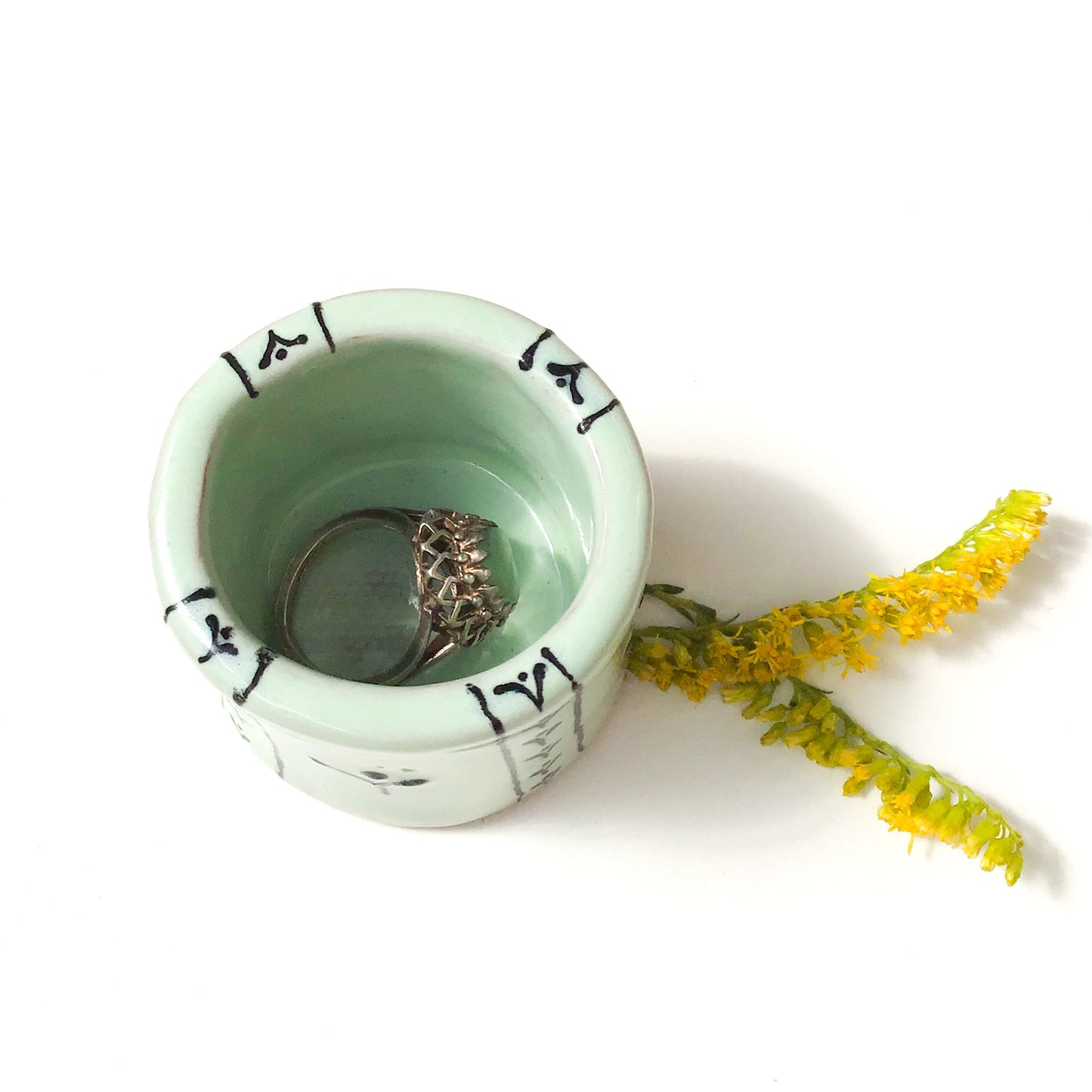 Aqua Ring Bowl with Black Floral Print - Small Ceramic Ring Bowl