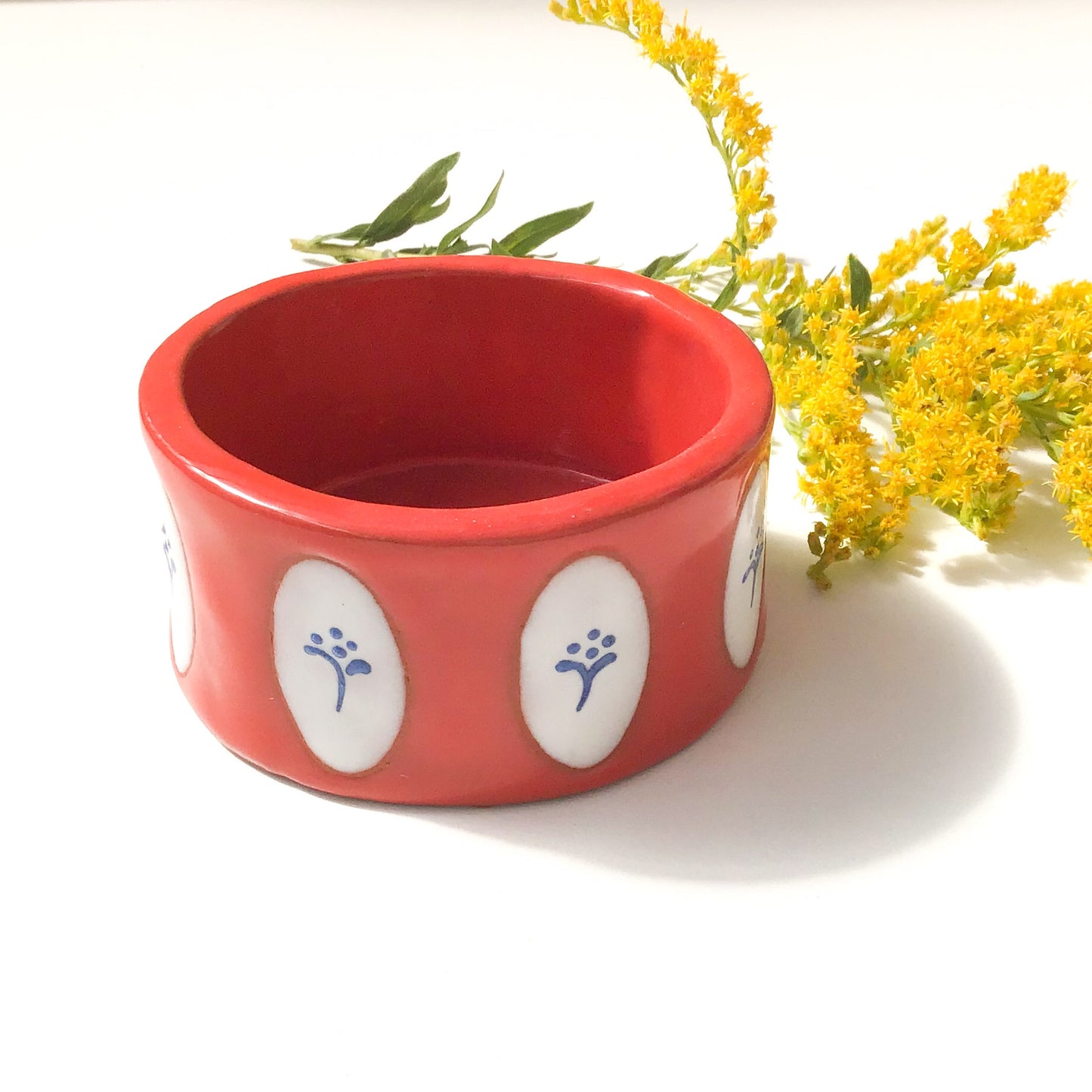 Red & White Pot with Blue Floral Design - Decorative Ceramic Vessel