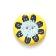 Load image into Gallery viewer, Playful Flower Button -Blue &amp; Black on Yellow Background - 1 1/2&quot;