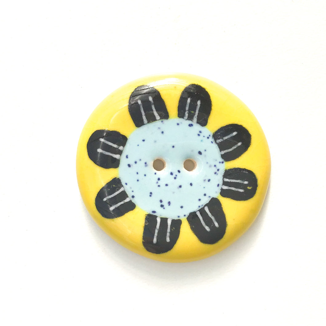 Playful Flower Button -Blue & Black on Yellow Background - 1 1/2