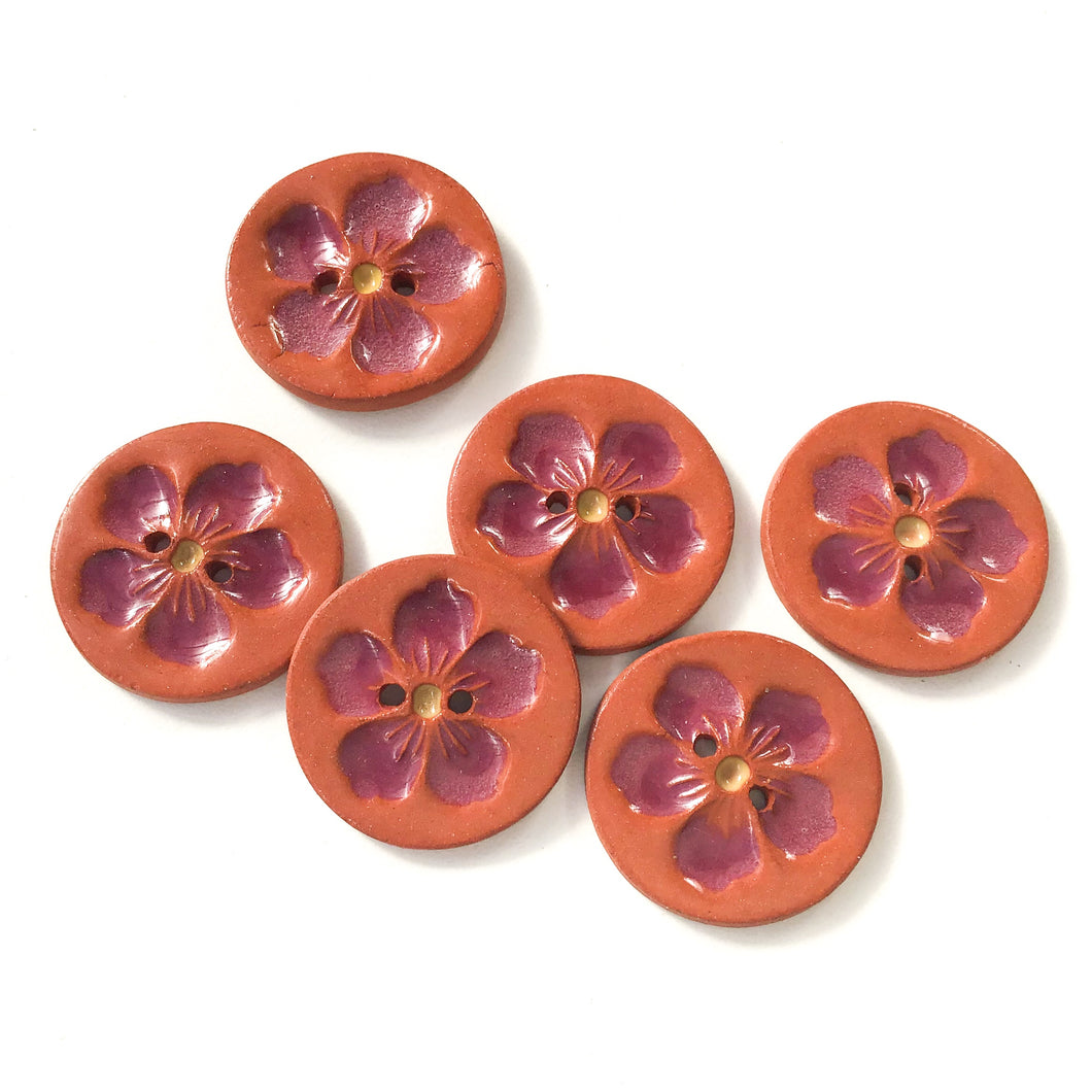 Hawaiian Petals Button - Burgundy Bloom on Red Clay - 1 1/16