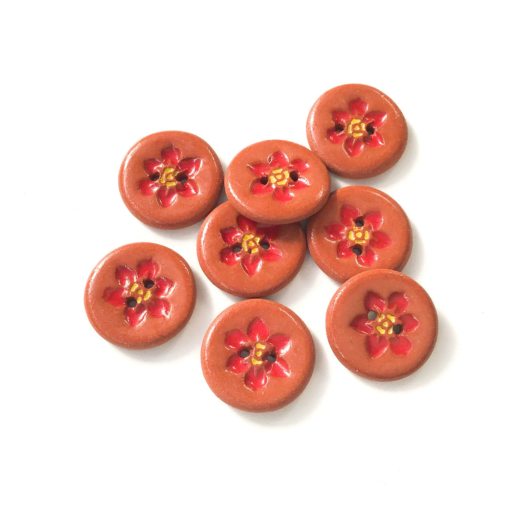 Hawaiian Petals Button - Red Bloom on Red Clay - 3/4