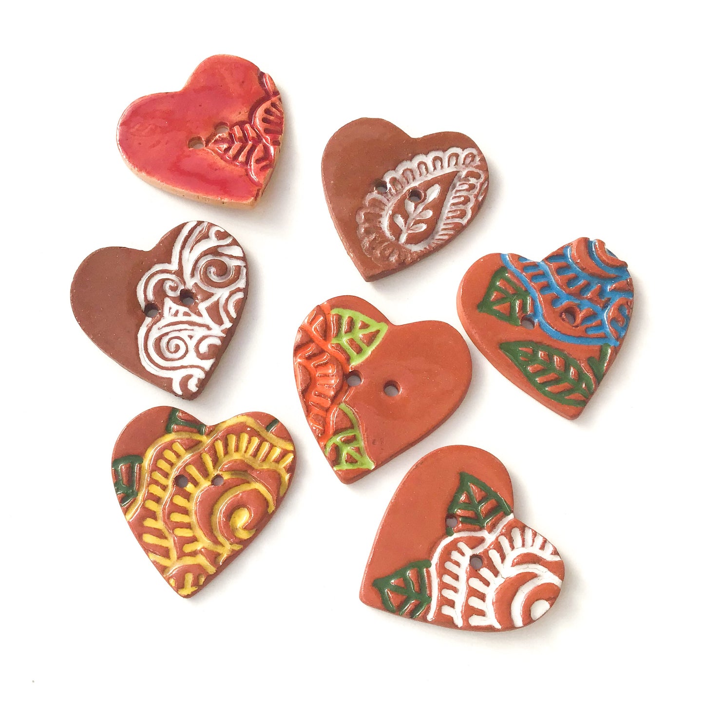 Large Stamped Heart Buttons - Painted Flowers Ceramic Heart Button - 1 3/8"