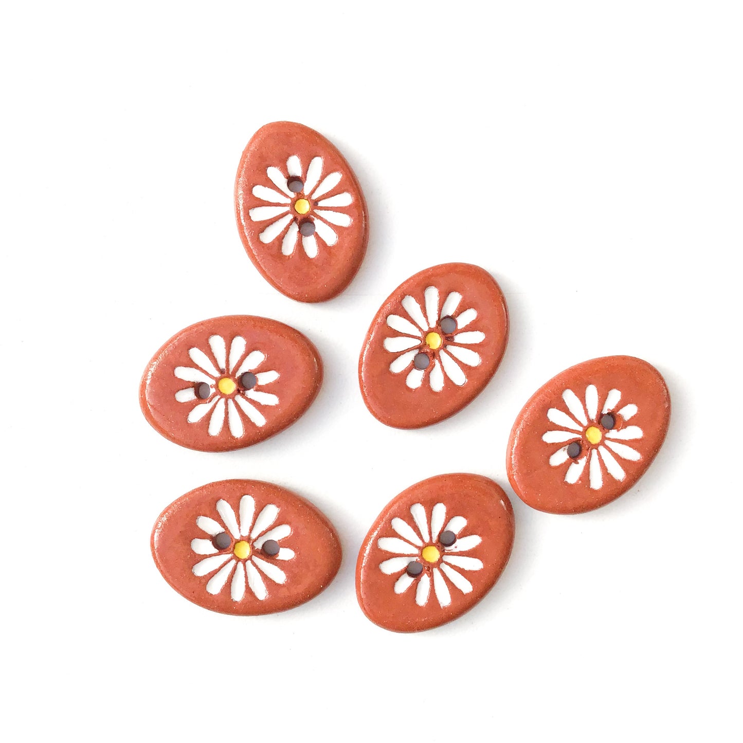 White Daisy Buttons on Red Clay - Ceramic Flower Buttons - 5/8" x 7/8"