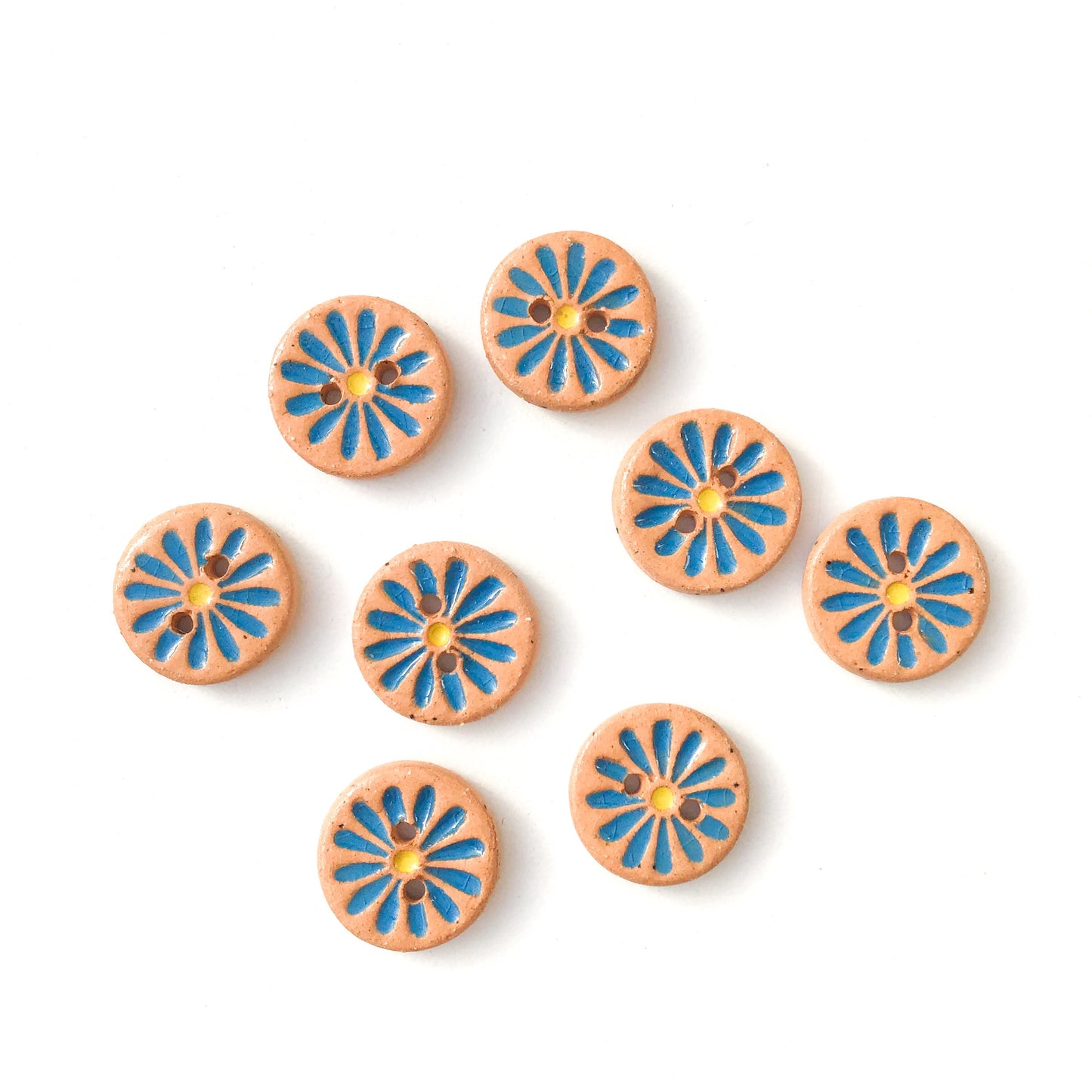 Bright Blue Daisy Buttons on Brown Clay - Ceramic Flower Buttons - 9/16" - 8 Pack (ws-12)