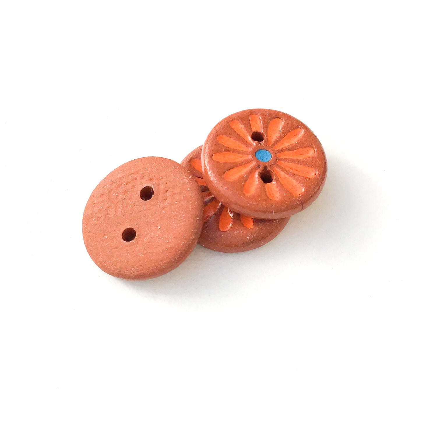 Bright Orange Daisy Buttons on Brown Clay - Ceramic Flower Buttons - 5/8" - 3 Pack (ws-14)
